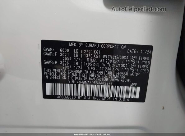 4S4WMAFD5S3402978 2025 SUBARU ASCENT White ძრავის განყოფილების ხედი