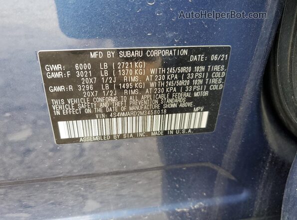 4S4WMARD2M3458018 2021 SUBARU ASCENT Blue Vista de la etiqueta del VIN