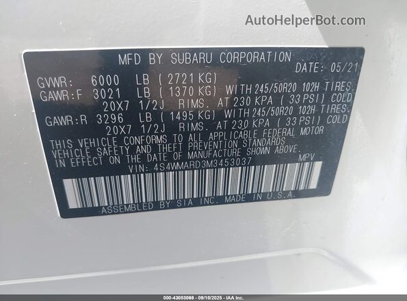 4S4WMARD3M3453037 2021 SUBARU ASCENT White Engine compartment view