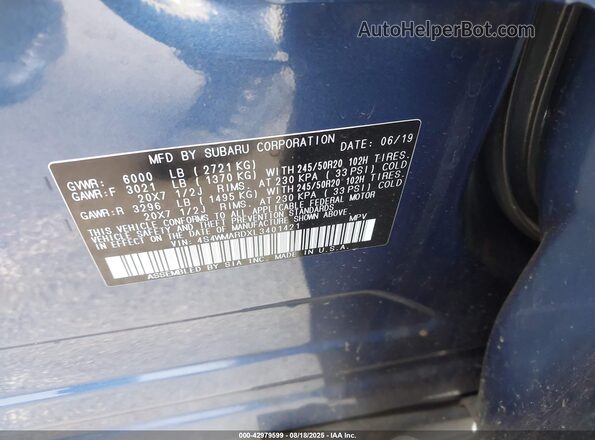 4S4WMARDXL3401421 2020 SUBARU ASCENT Blue Vista del compartimento del motor