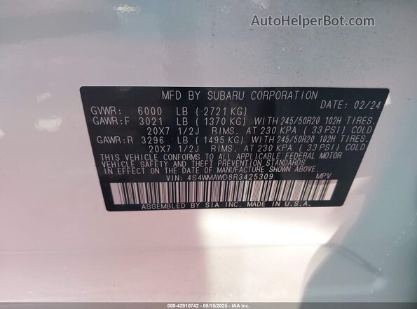 4S4WMAWD8R3425309 2024 SUBARU ASCENT White ძრავის განყოფილების ხედი