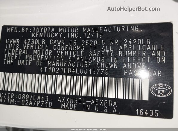4T1D21FB4LU015779 2020 TOYOTA LIMITED White 