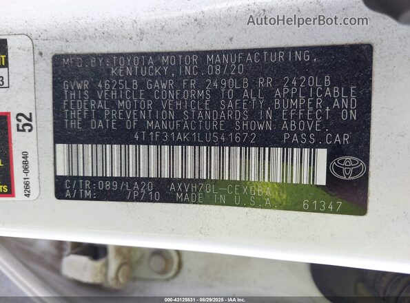 4T1F31AK1LU541672 2020 TOYOTA LE Белый Вид подкапотного пространства