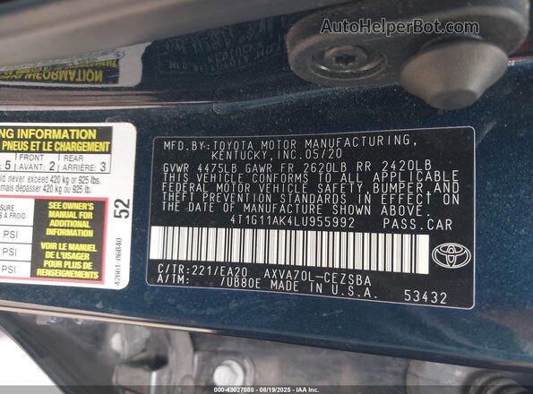 4T1G11AK4LU955992 2020 TOYOTA CAMRY Teal Widok komory silnika