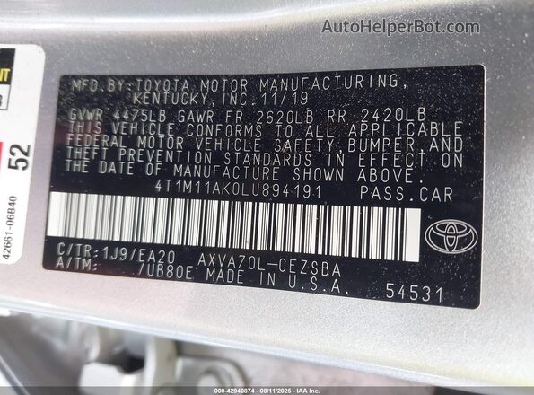 4T1M11AK0LU894191 2020 TOYOTA CAMRY Silver Engine compartment view