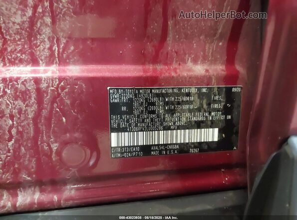 4T3D6RFV2LU005286 2020 TOYOTA LIMITED Red ძრავის განყოფილების ხედი