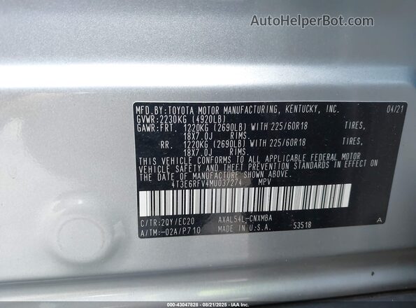 4T3E6RFV4MU037274 2021 TOYOTA RAV4 HYBRID Silver Widok komory silnika