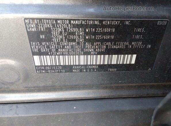 4T3EWRFV8LU003028 2020 TOYOTA RAV4 HYBRID  