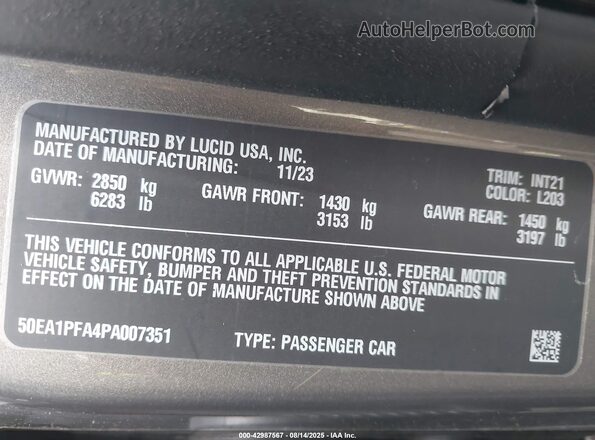 50EA1PFA4PA007351 2023 LUCID AIR Gray 