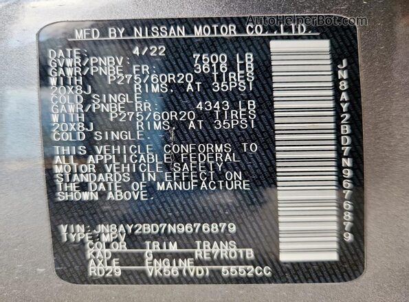 JN8AY2BD7N9676879 2022 NISSAN ARMADA Серый 