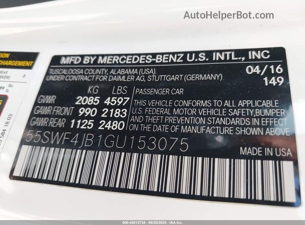 55SWF4JB1GU153075 2016 MERCEDES-BENZ C-CLASS White ძრავის განყოფილების ხედი