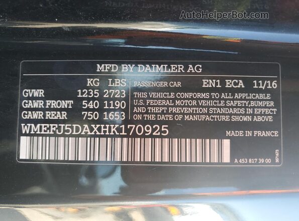 WMEFJ5DAXHK170925 2017 SMART FORTWO Black 