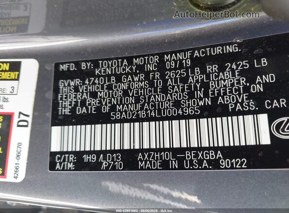 58AD21B14LU004965 2020 LEXUS ES 300H Gray Widok komory silnika
