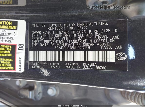 58ADA1C18NU023149 2022 LEXUS ES 300H Black Вид підкапотного простору