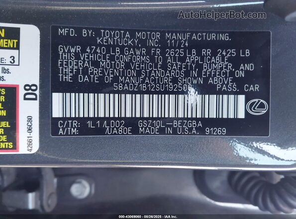 58ADZ1B12SU192508 2025 LEXUS ES 350 Gray 