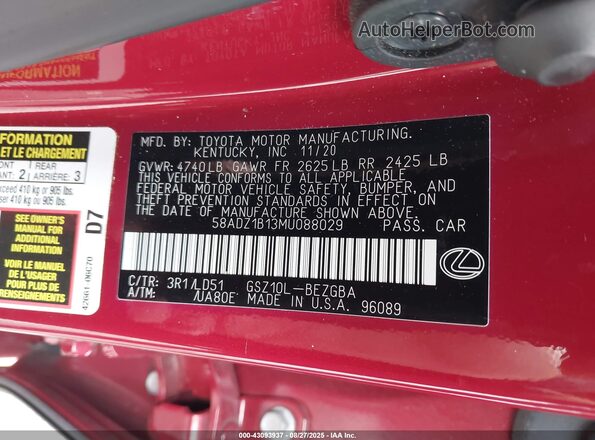 58ADZ1B13MU088029 2021 LEXUS ES 350 Red Engine compartment view