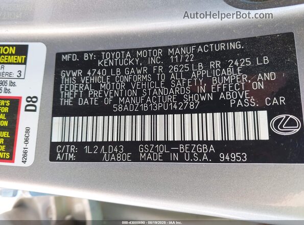 58ADZ1B13PU142787 2023 LEXUS ES 350 Silver Вид підкапотного простору