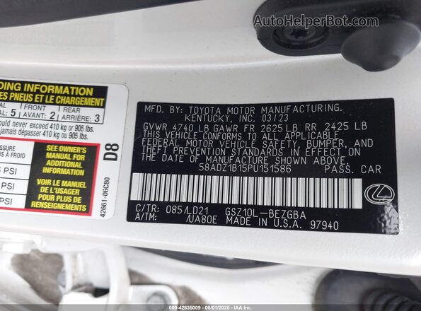 58ADZ1B15PU151586 2023 LEXUS ES 350 White Вид підкапотного простору