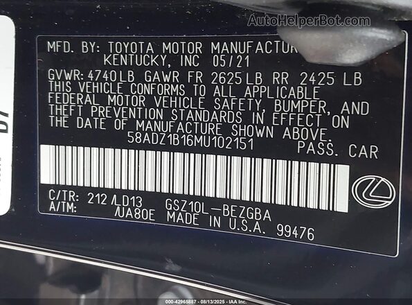 58ADZ1B16MU102151 2021 LEXUS ES 350 Black 