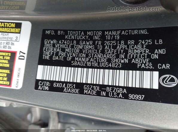 58ADZ1B19LU054823 2020 LEXUS ES 350 Green Vista del compartimento del motor