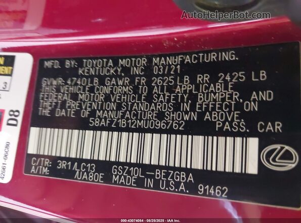 58AFZ1B12MU096762 2021 LEXUS ES 350 Red Вид підкапотного простору