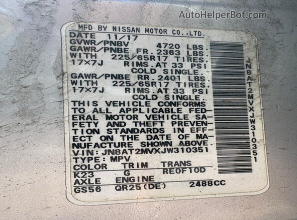 JN8AT2MVXJW310351 2018 NISSAN ROGUE Silver 