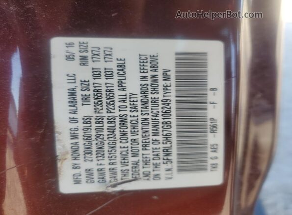 5FNRL5H67GB106249 2016 HONDA ODYSSEY Maroon 