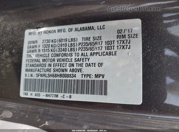 5FNRL5H68HB008834 2017 HONDA ODYSSEY Gray 