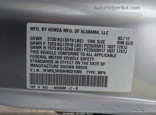 5FNRL5H69HB021009 2017 HONDA ODYSSEY Серебряный 