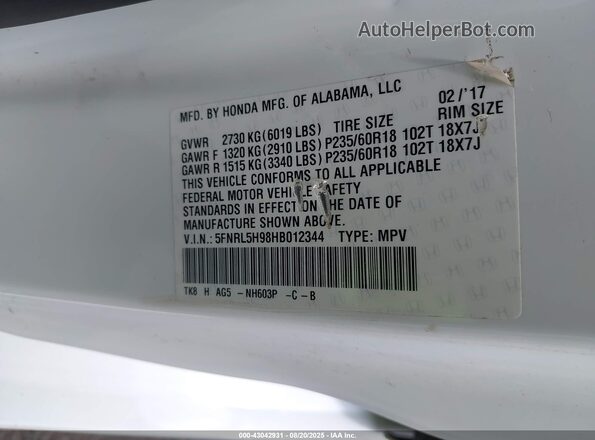 5FNRL5H98HB012344 2017 HONDA ODYSSEY White 