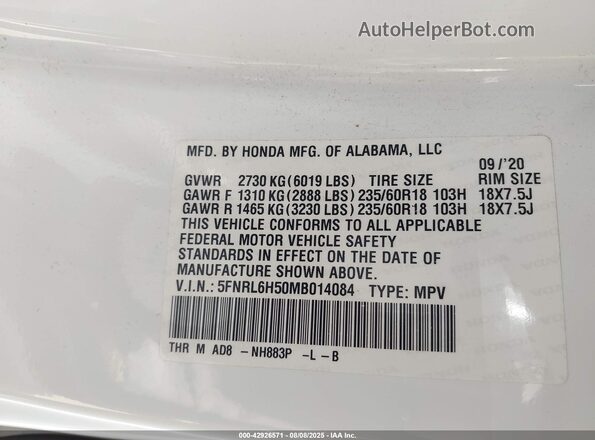 5FNRL6H50MB014084 2021 HONDA ODYSSEY White Engine compartment view