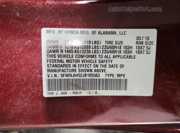5FNRL6H52JB105563 2018 HONDA ODYSSEY Maroon 