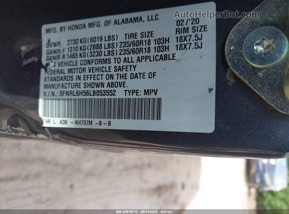5FNRL6H56LB053552 2020 HONDA ODYSSEY Black Engine compartment view