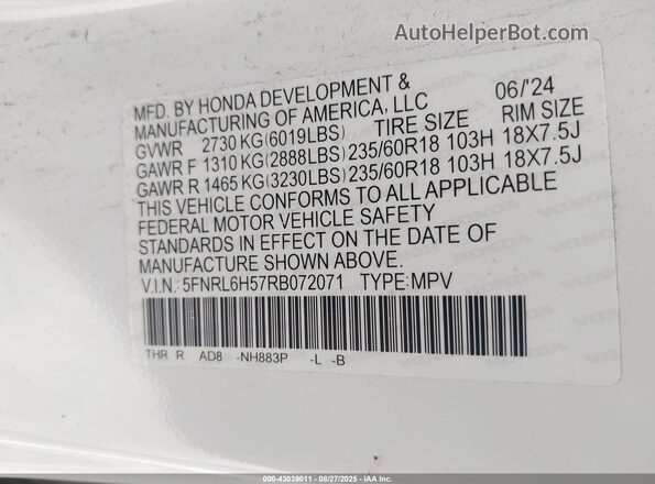 5FNRL6H57RB072071 2024 HONDA ODYSSEY White 