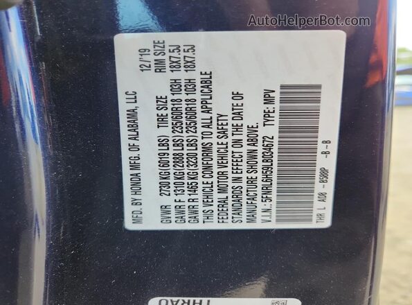5FNRL6H59LB034672 2020 HONDA ODYSSEY Blue VIN sticker view