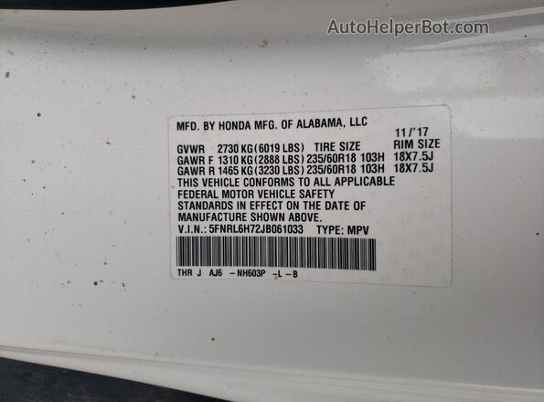 5FNRL6H72JB061033 2018 HONDA ODYSSEY Белый 