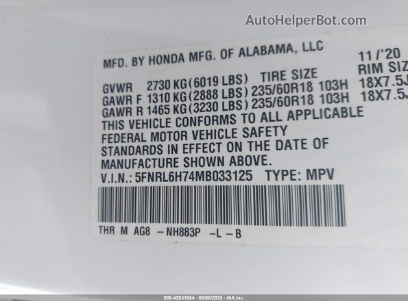 5FNRL6H74MB033125 2021 HONDA ODYSSEY White Շարժիչի բաժամունքի տեսք