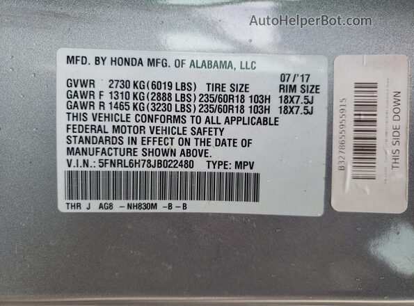 5FNRL6H78JB022480 2018 HONDA ODYSSEY Silver 
