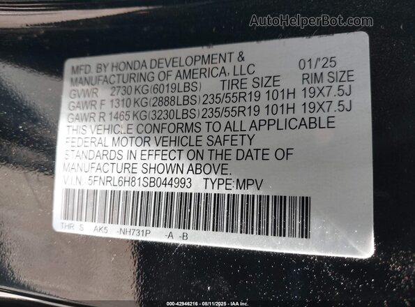 5FNRL6H81SB044993 2025 HONDA ODYSSEY Black Widok komory silnika