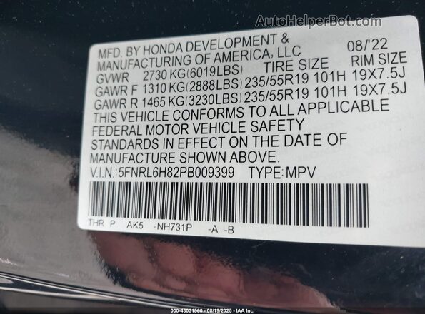5FNRL6H82PB009399 2023 HONDA ODYSSEY Black 