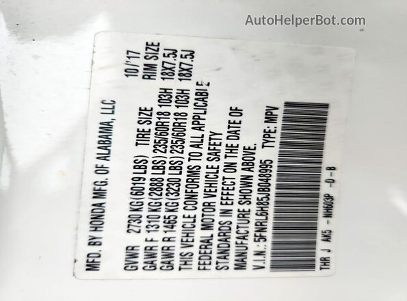 5FNRL6H85JB048995 2018 HONDA ODYSSEY White 