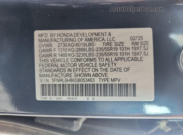 5FNRL6H86SB053463 2025 HONDA ODYSSEY Blue VIN կոդի պիտակի տեսք