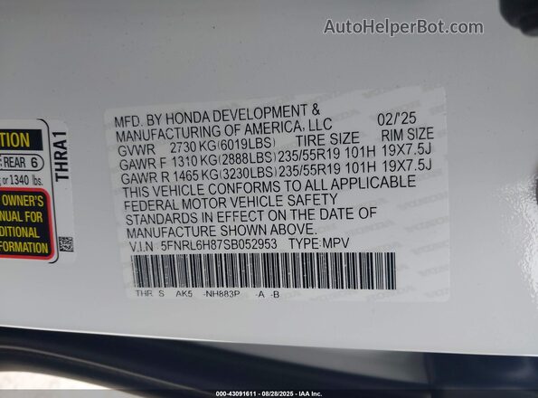5FNRL6H87SB052953 2025 HONDA ODYSSEY White Շարժիչի բաժամունքի տեսք