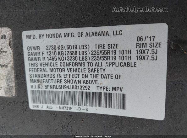 5FNRL6H94JB013292 2018 HONDA ODYSSEY Gray 