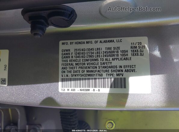 5FNYF5H32MB017760 2021 HONDA PILOT Silver ძრავის განყოფილების ხედი