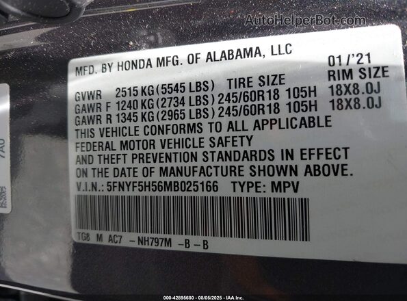 5FNYF5H56MB025166 2021 HONDA PILOT Gray ძრავის განყოფილების ხედი