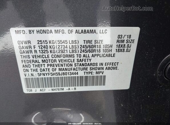 5FNYF5H59JB013444 2018 HONDA PILOT Gray 