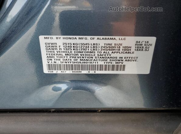 5FNYF5H59JB018711 2018 HONDA PILOT Синий 