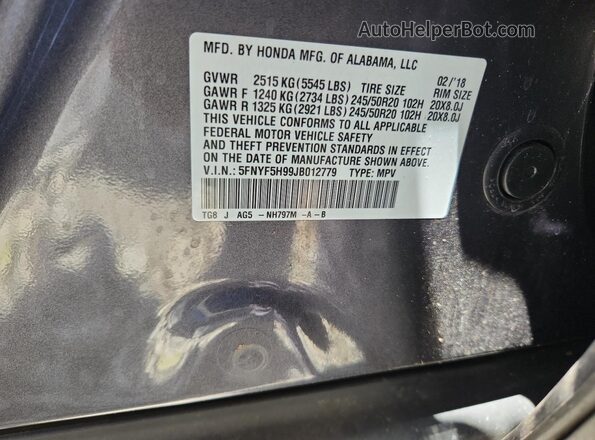 5FNYF5H99JB012779 2018 HONDA PILOT Gray 