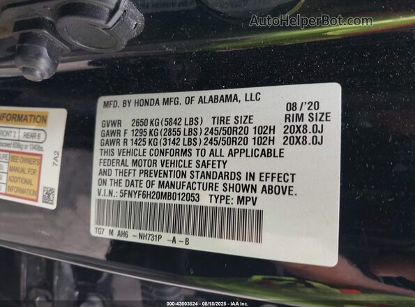 5FNYF6H20MB012053 2021 HONDA PILOT Black Вид підкапотного простору